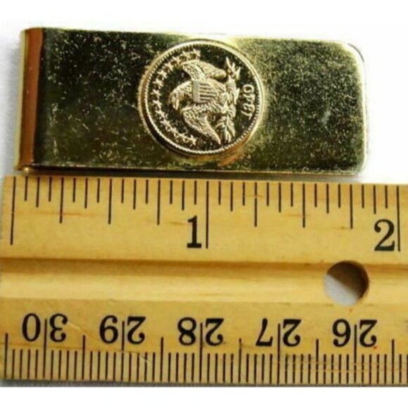 Money Clip Patriotic Eagle Wallet Credit Card Cash ID Holder Gold Tone Vtg - Picture 3 of 7
